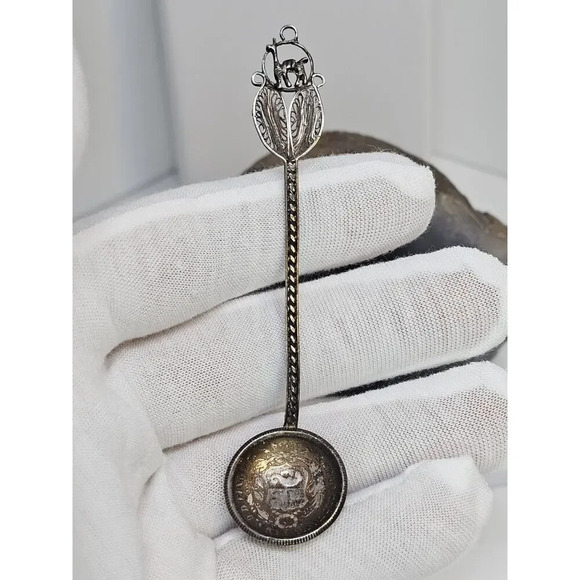 950 Silver - Peru - Handmade Coin/Spoon - Llama (Heavy Tarnish) - Picture 1 of 9